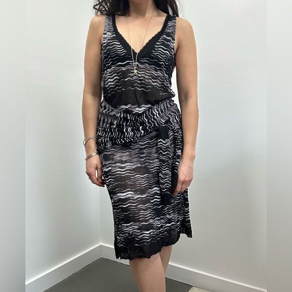 Missoni Black & White Knit Striped Sheer Sheath Dress Sleeveless Waist Tie  12